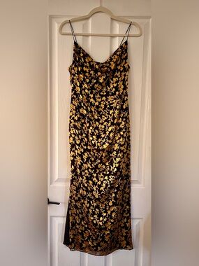 Club Monaco Black Slip Midi Dress with Gold Floral Motif